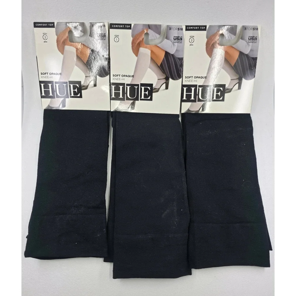 Hue Soft Opaque Knee-Hi Socks Lot of 3 Black Comfort Top Size 1 & 2 Plus DD1015